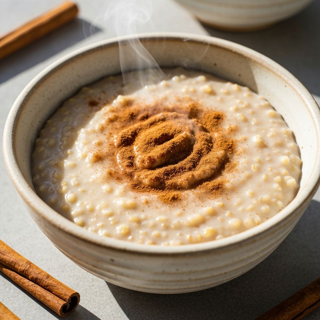 Creamy sorghum porridge in ceramic bowl with cinnamon
