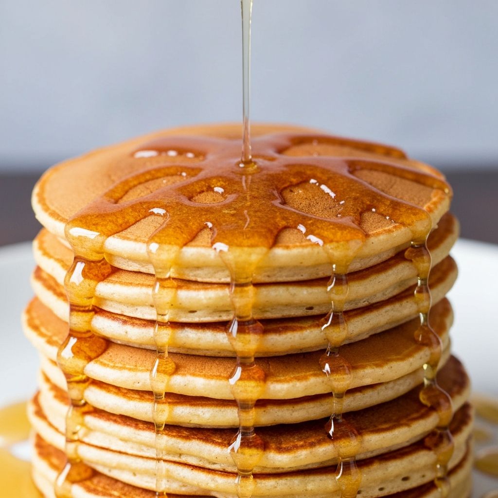 Golden sweet potato pancakes stacked with honey drizzle